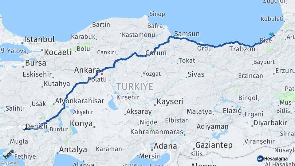 Rize Fındıklı Denizli Arası Kaç Km - Yol Haritası