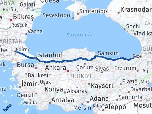 Rize Fındıklı Edirne Arası Kaç Km - Yol Haritası