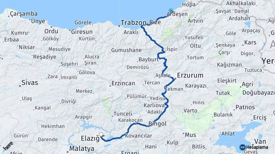 Rize Fındıklı Elazığ Arası Kaç Km - Yol Haritası