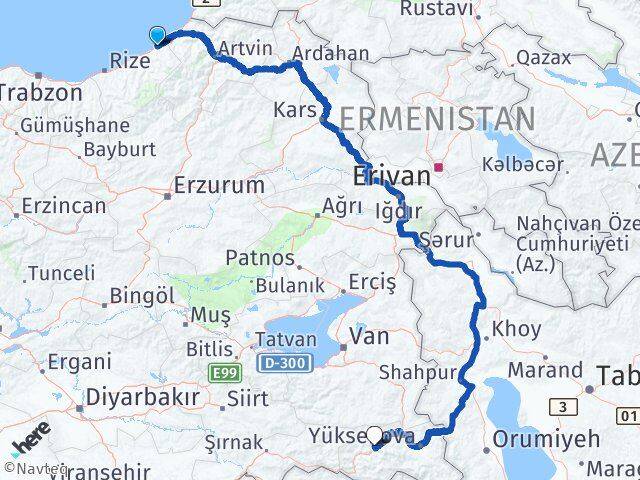 Rize Fındıklı Hakkari Arası Kaç Km - Yol Haritası