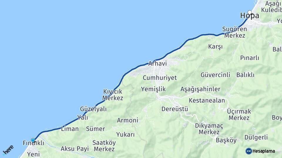 Rize Fındıklı Hopa Artvin Arası Kaç Km - Yol Haritası