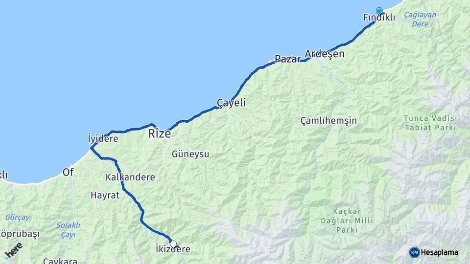 Rize Fındıklı İkizdere Arası Kaç Km - Yol Haritası