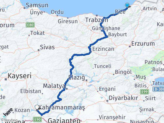 Rize Fındıklı Kahramanmaraş Arası Kaç Km - Yol Haritası