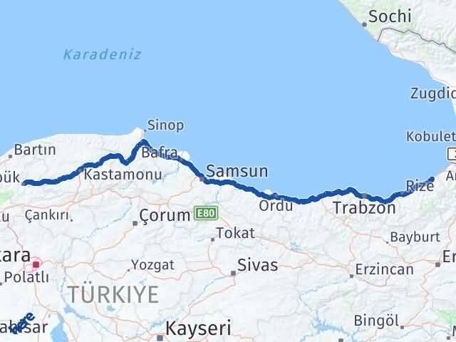 Rize Fındıklı Karabük Arası Kaç Km - Yol Haritası