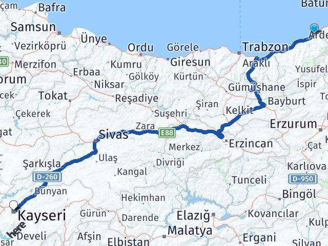 Rize Fındıklı Kayseri Arası Kaç Km - Yol Haritası