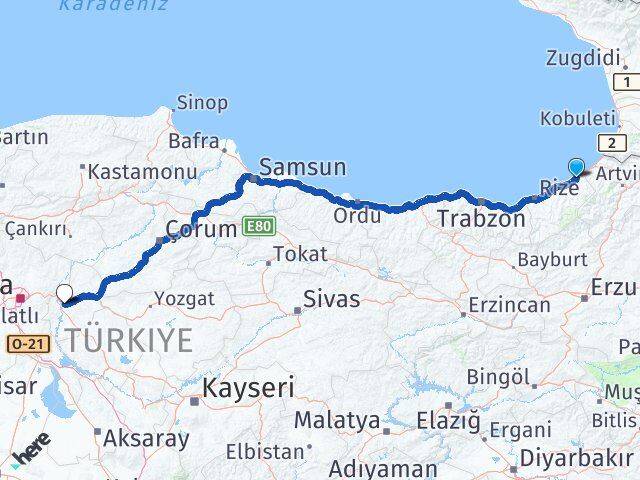 Rize Fındıklı Kırıkkale Arası Kaç Km - Yol Haritası