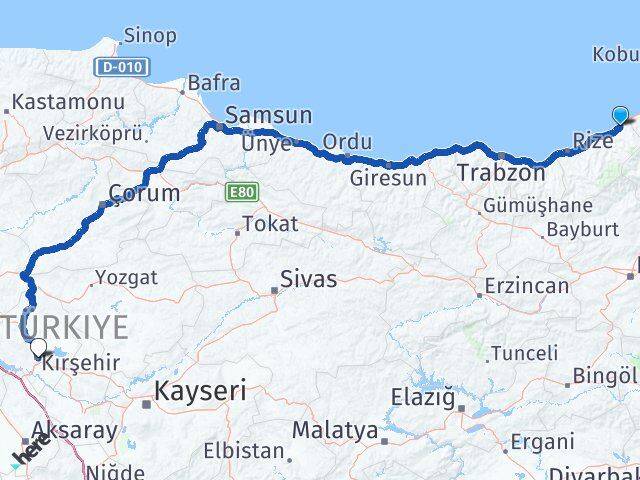 Rize Fındıklı Kırşehir Arası Kaç Km - Yol Haritası