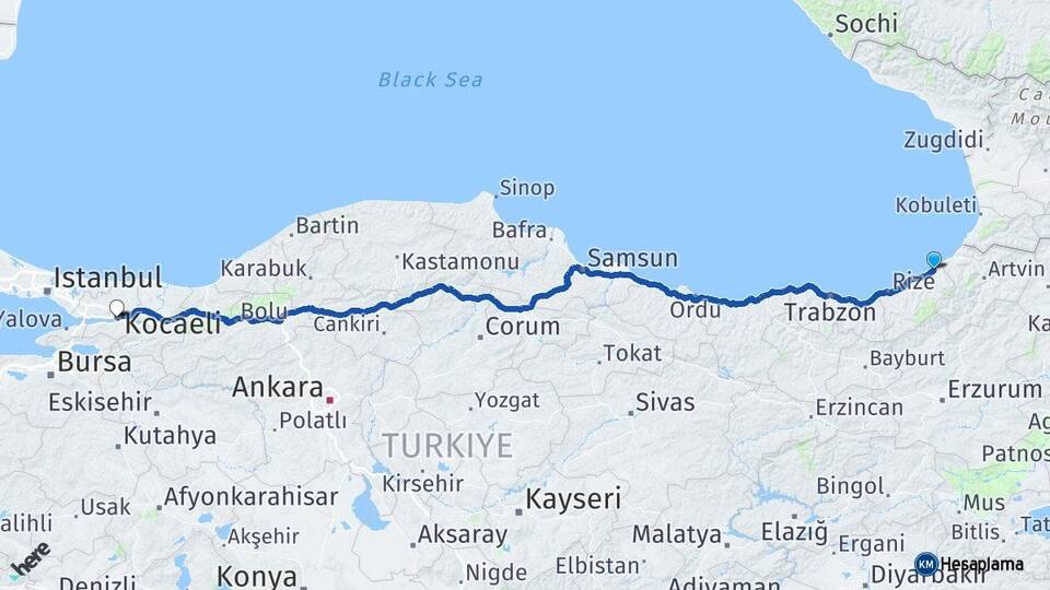 Rize Fındıklı Kocaeli Arası Kaç Km - Yol Haritası