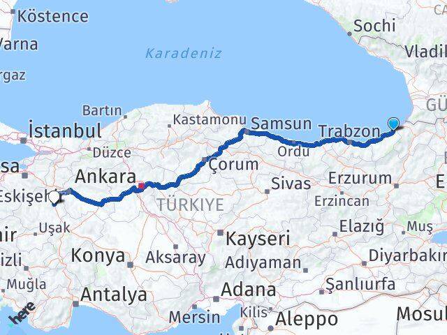 Rize Fındıklı Kütahya Arası Kaç Km - Yol Haritası