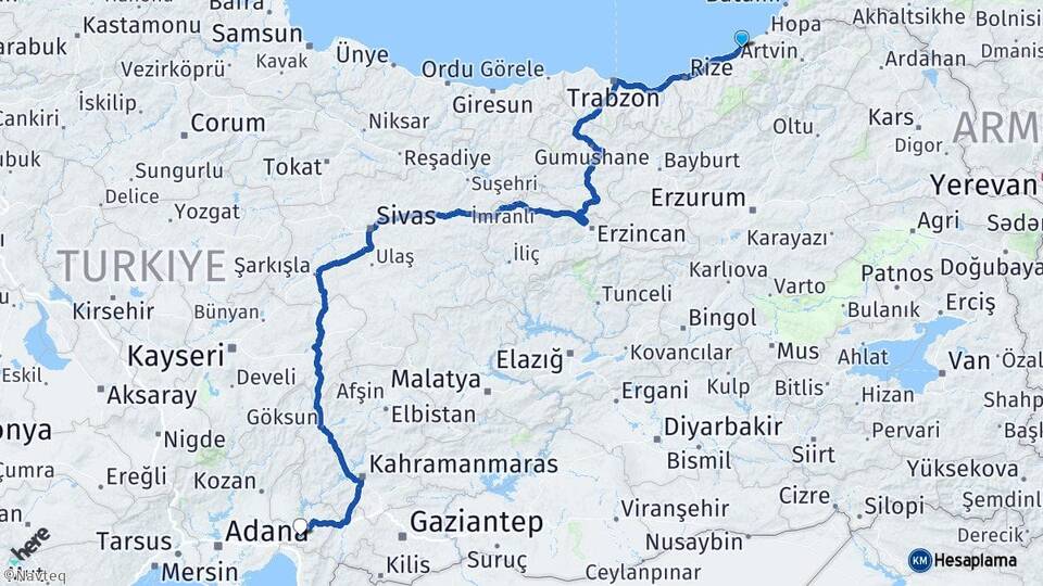 Rize Fındıklı Osmaniye Arası Kaç Km - Yol Haritası
