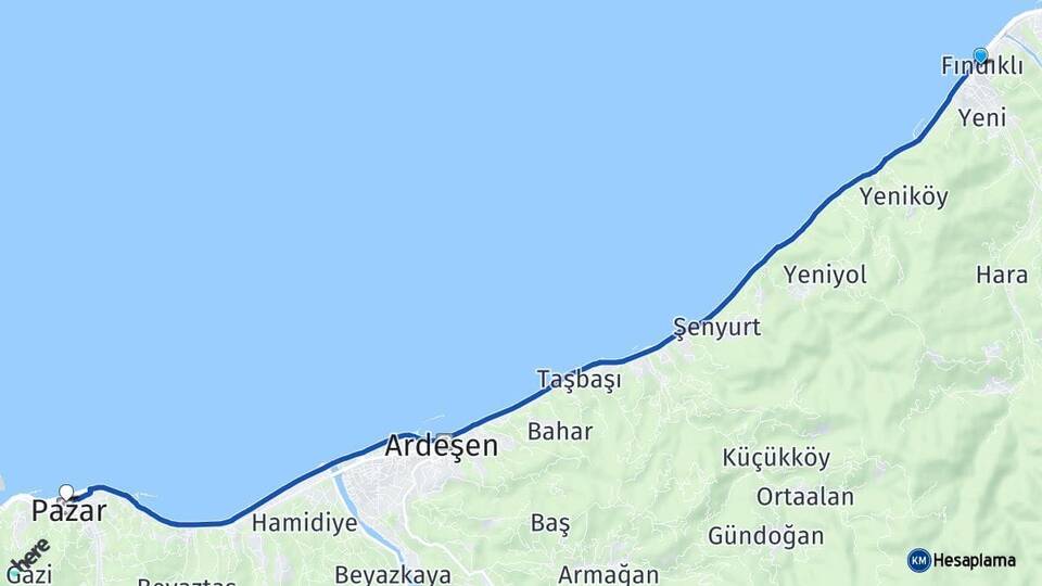 Rize Fındıklı Pazar Arası Kaç Km - Yol Haritası