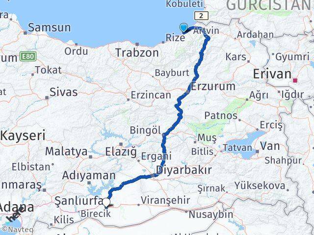 Rize Fındıklı Şanlıurfa Arası Kaç Km - Yol Haritası