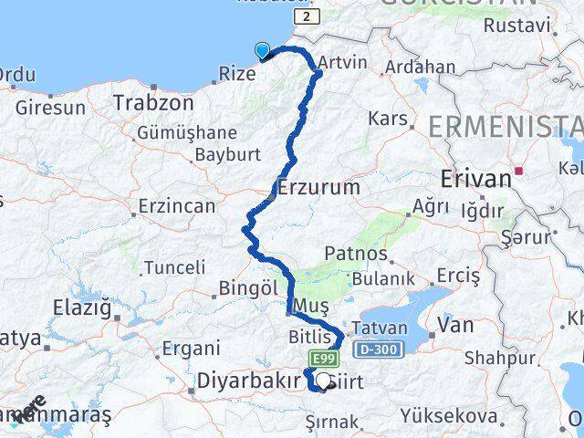 Rize Fındıklı Siirt Arası Kaç Km - Yol Haritası