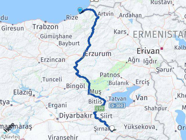 Rize Fındıklı Şırnak Arası Kaç Km - Yol Haritası