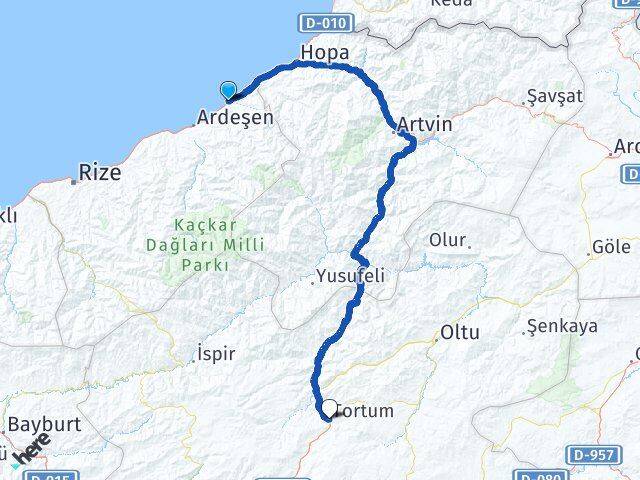 Rize Fındıklı Tortum Erzurum Arası Kaç Km - Yol Haritası
