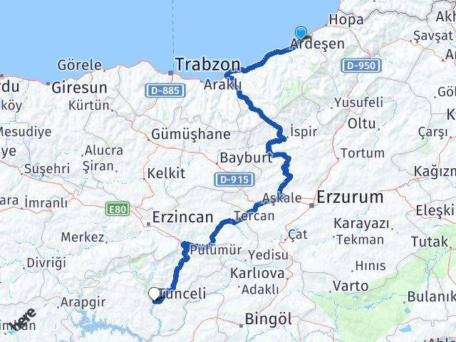 Rize Fındıklı Tunceli Arası Kaç Km - Yol Haritası