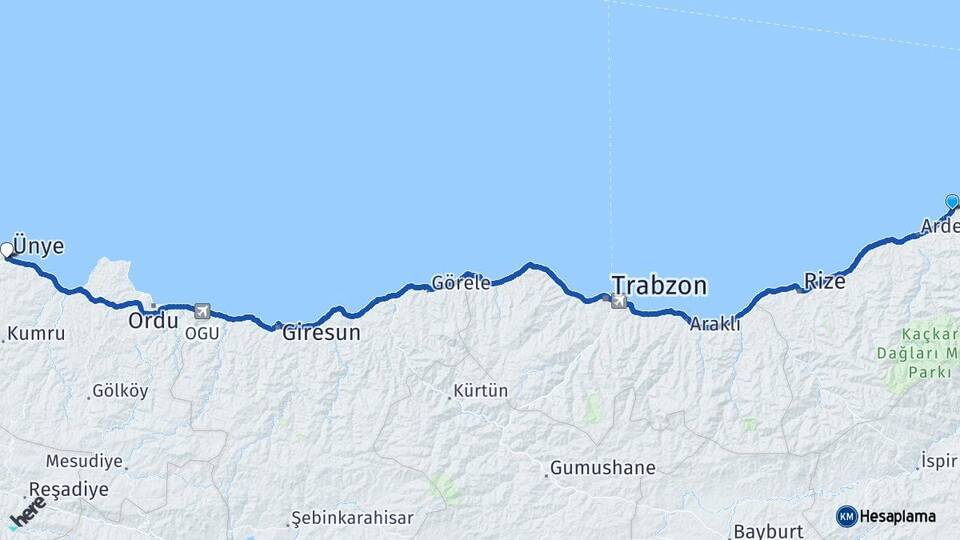 Rize Fındıklı Ünye Ordu Arası Kaç Km - Yol Haritası