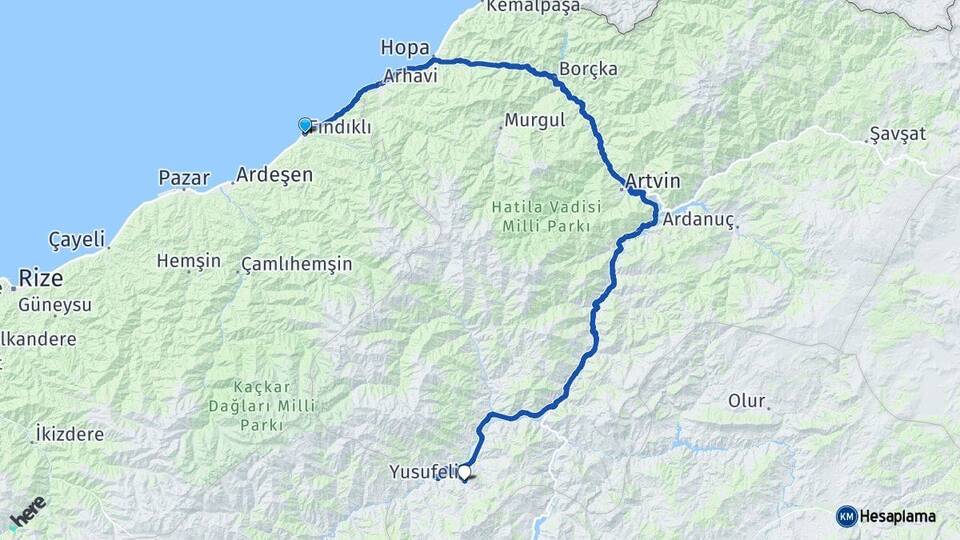 Rize Fındıklı Yusufeli Artvin Arası Kaç Km - Yol Haritası