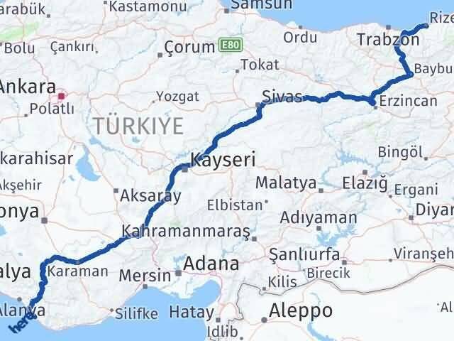 Rize Gazipaşa Antalya Arası Kaç Km - Yol Haritası