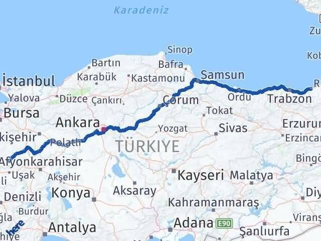 Rize Gediz Kütahya Arası Kaç Km - Yol Haritası