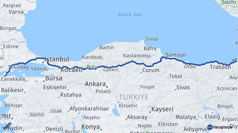Rize Gelibolu Çanakkale Arası Kaç Km - Yol Haritası