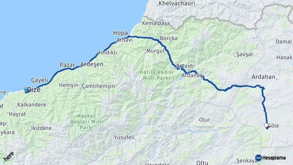 Rize Göle Ardahan Arası Kaç Km - Yol Haritası
