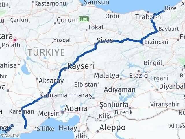 Rize Gülnar Mersin Arası Kaç Km - Yol Haritası