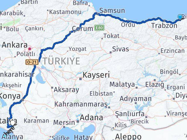 Rize Gündoğmuş Antalya Arası Kaç Km - Yol Haritası
