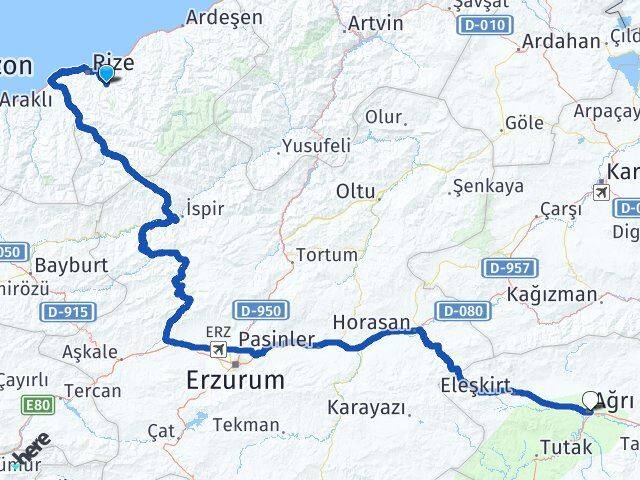 Rize Güneysu Ağrı Arası Kaç Km - Yol Haritası