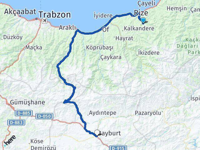 Rize Güneysu Bayburt Arası Kaç Km - Yol Haritası