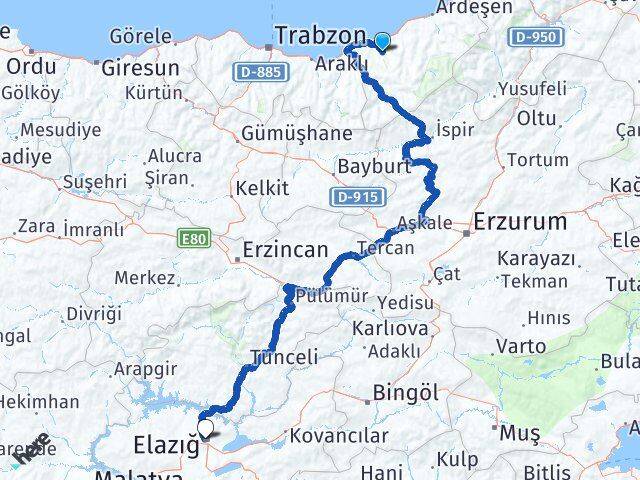 Rize Güneysu Elazığ Arası Kaç Km - Yol Haritası
