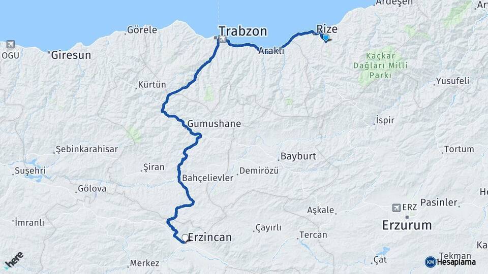 Rize Güneysu Erzincan Arası Kaç Km - Yol Haritası