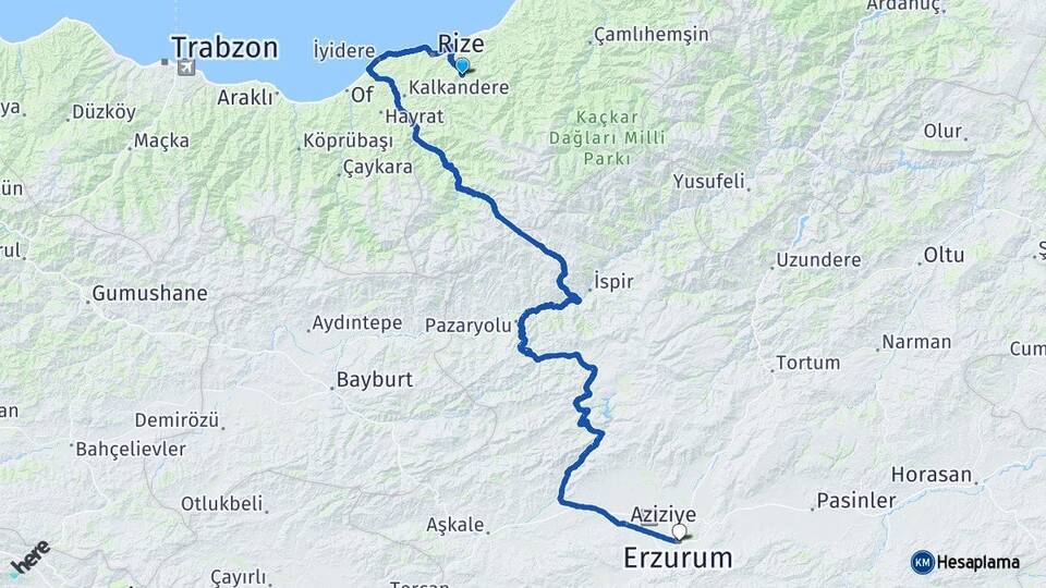 Rize Güneysu Erzurum Arası Kaç Km - Yol Haritası