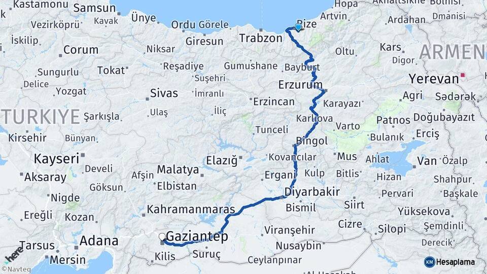 Rize Güneysu Gaziantep Arası Kaç Km - Yol Haritası