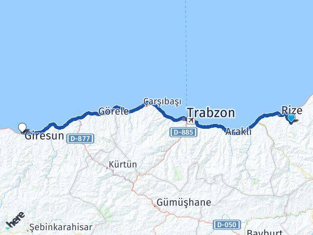 Rize Güneysu Giresun Arası Kaç Km - Yol Haritası