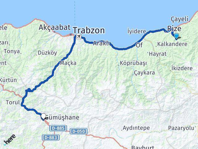 Rize Güneysu Gümüşhane Arası Kaç Km - Yol Haritası