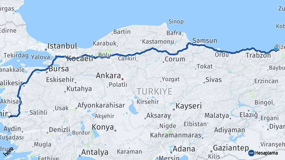 Rize Güneysu İzmir Arası Kaç Km - Yol Haritası