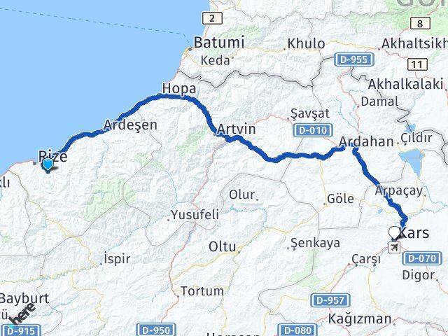 Rize Güneysu Kars Arası Kaç Km - Yol Haritası