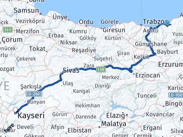Rize Güneysu Kayseri Arası Kaç Km - Yol Haritası