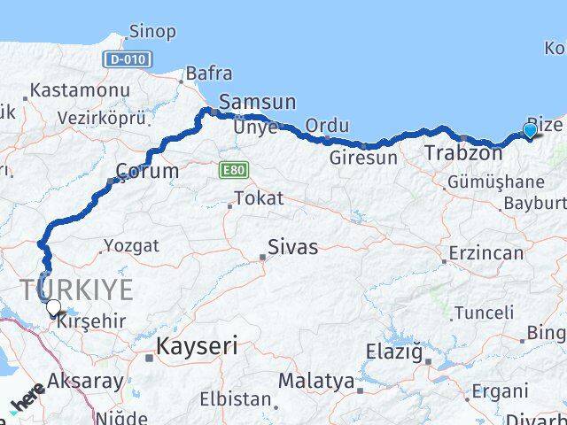 Rize Güneysu Kırşehir Arası Kaç Km - Yol Haritası