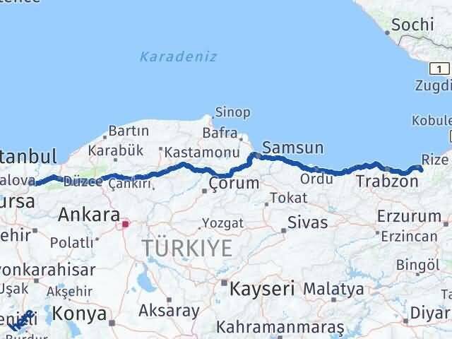 Rize Güneysu Sakarya Arası Kaç Km - Yol Haritası