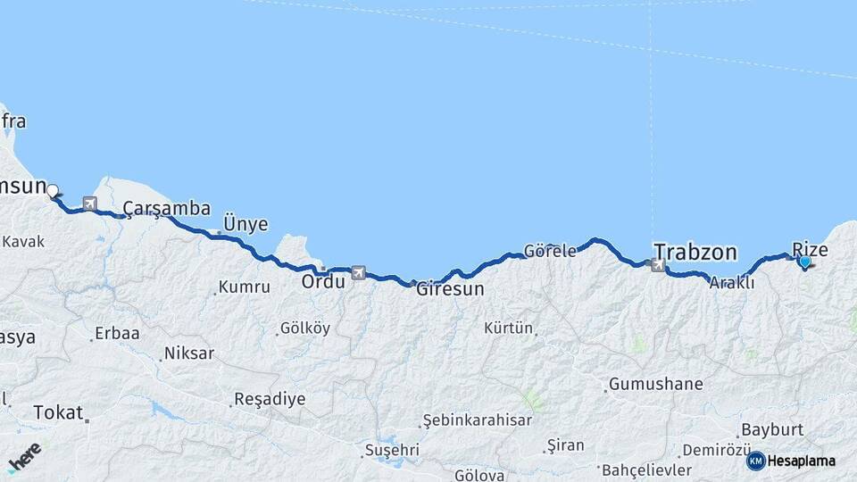 Rize Güneysu Samsun Arası Kaç Km - Yol Haritası