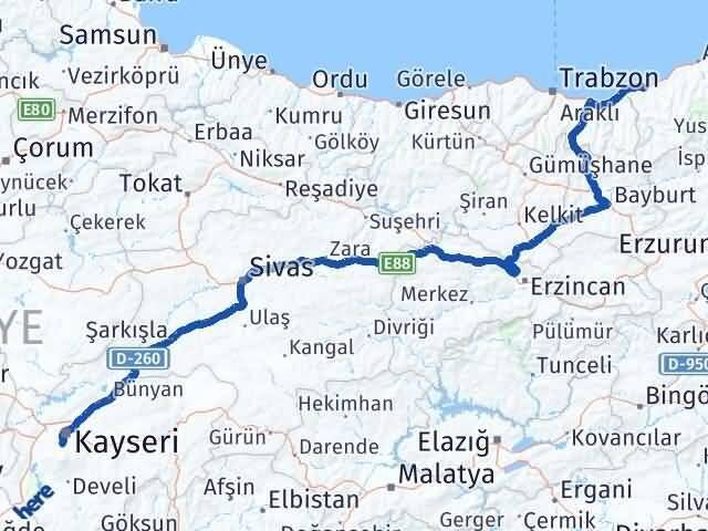 Rize Hacılar Kayseri Arası Kaç Km - Yol Haritası
