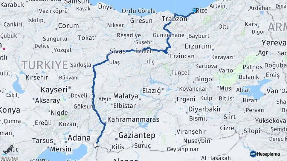 Rize Hassa Hatay Arası Kaç Km - Yol Haritası