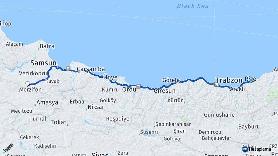 Rize Havza Samsun Arası Kaç Km - Yol Haritası