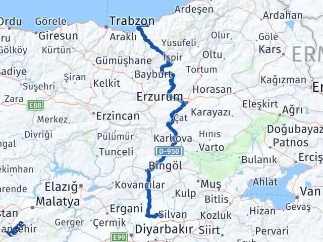 Rize Hazro Diyarbakır Arası Kaç Km - Yol Haritası