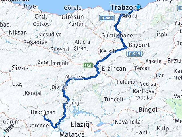 Rize Hekimhan Malatya Arası Kaç Km - Yol Haritası