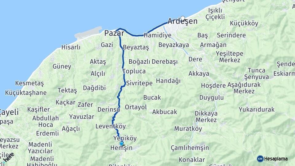 Rize Hemşin Ardeşen Arası Kaç Km - Yol Haritası
