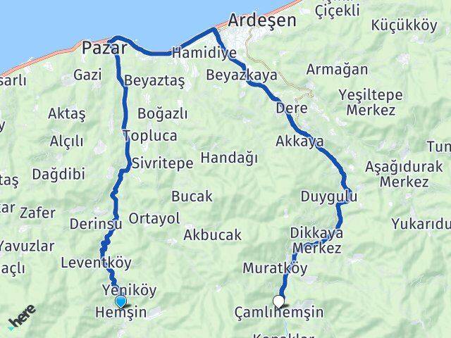 Rize Hemşin Çamlıhemşin Arası Kaç Km - Yol Haritası