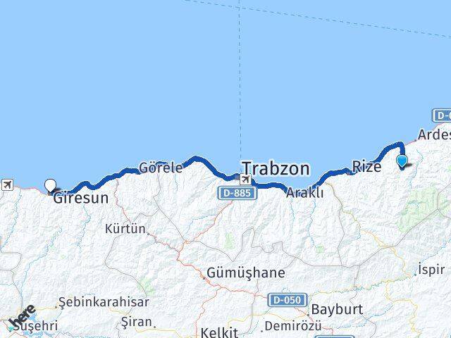 Rize Hemşin Giresun Arası Kaç Km - Yol Haritası